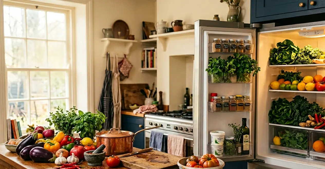 A warm home kitchen — copper pan on a wooden island, baskets of vegetables, an open fridge stacked with greens and citrus.
